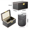 A black carbon fiber box with a lid, shown in various dimensions and an open view.