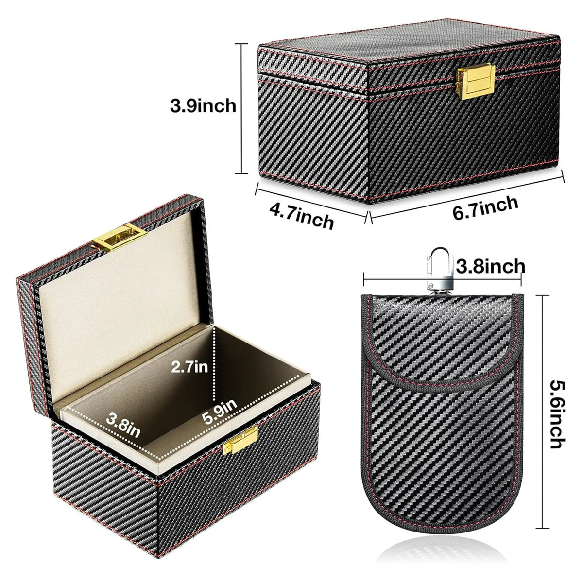 A black carbon fiber box with a lid, shown in various dimensions and an open view.