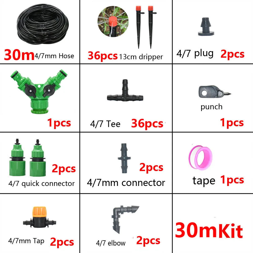 A collection of various components for a DIY drip irrigation kit including hoses, drippers, connectors, and taps.