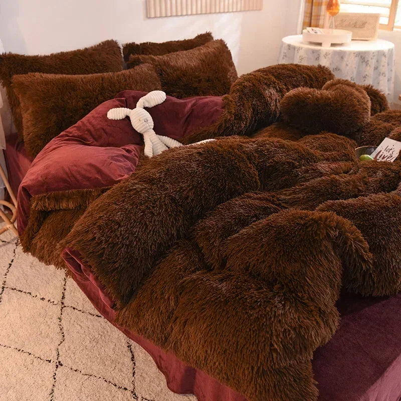 A luxurious brown faux fur duvet cover set featuring a deep reddish-brown color and a white stuffed animal.