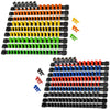 A collection of colorful universal socket organizer rails with wall-mount handles in various colors like orange, yellow, and 