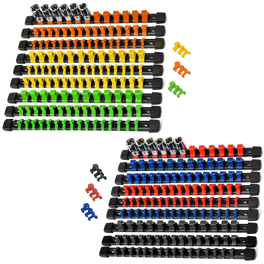 A collection of colorful universal socket organizer rails with wall-mount handles in various colors like orange, yellow, and 