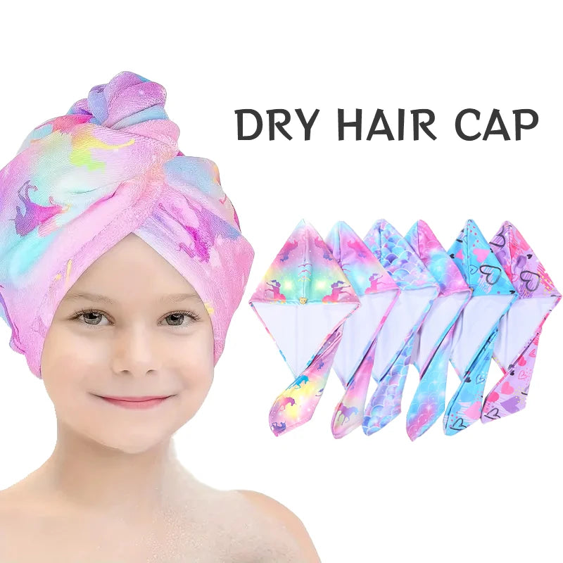 A pink and purple dry hair cap worn by a child, with multiple colorful hair clips displayed next to it.