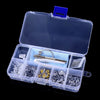 A clear plastic case containing a complete glasses repair kit with nose pads, screws, and precision tools.