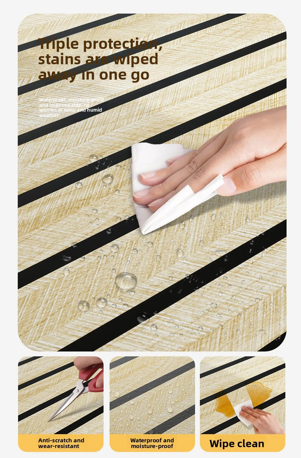 Close-up of a hand wiping water stains off wood grain wallpaper with a white cloth.