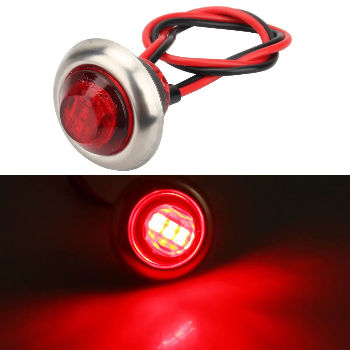 A close-up view of a round red LED side marker light assembly with a silver housing and red wiring.