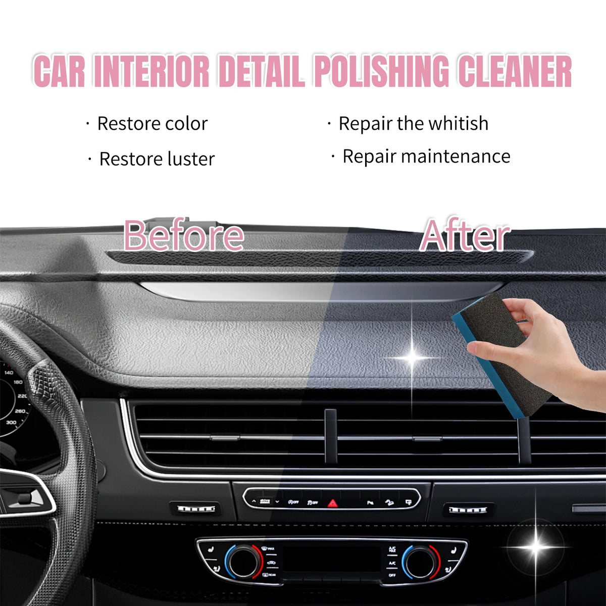 A hand is applying a car interior detail polishing cleaner to the dashboard of a car.