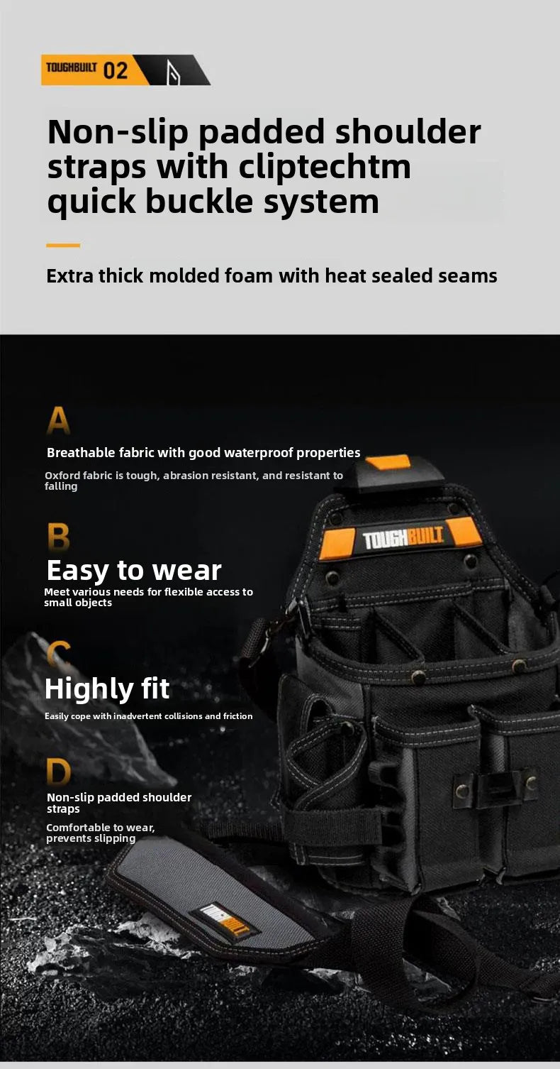 A black ToughBuilt tool belt featuring non-slip padded shoulder straps and a quick buckle system.