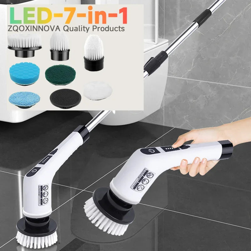 A white electric spin scrubber with interchangeable brush heads is shown next to various brush options.