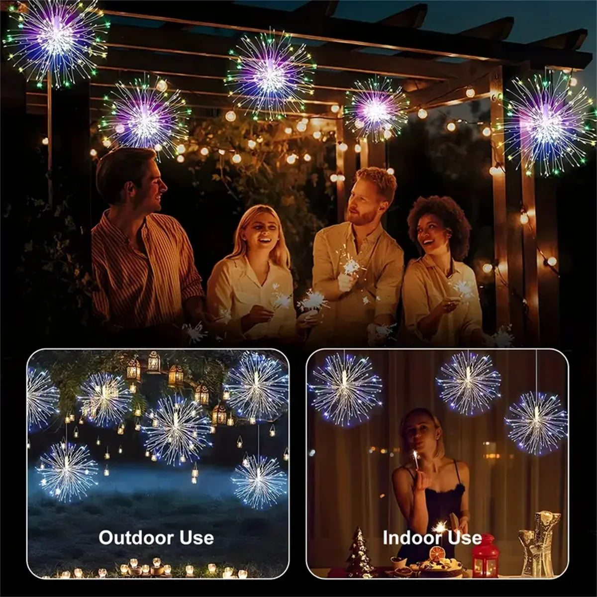 A family enjoying a festive outdoor evening with LED fairy lights and fireworks, alongside images showing indoor use.