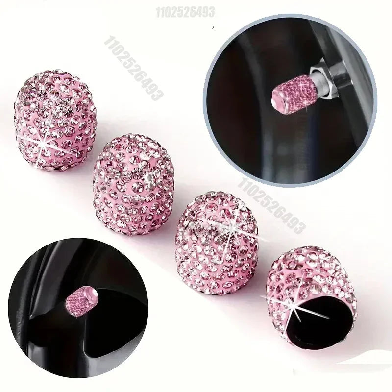 Set rosa Kristall Diamant Reifenventilkappen, Nah- und Vollansichten.