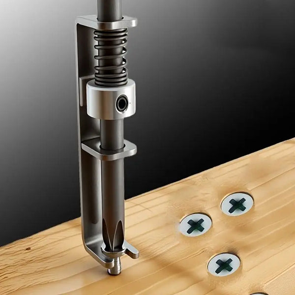 A close-up view of a silver spring-loaded screw retaining bit resting on a wooden surface.