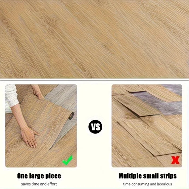 Comparison showing one large piece versus multiple small strips of wood grain waterproof self-adhesive floor stickers