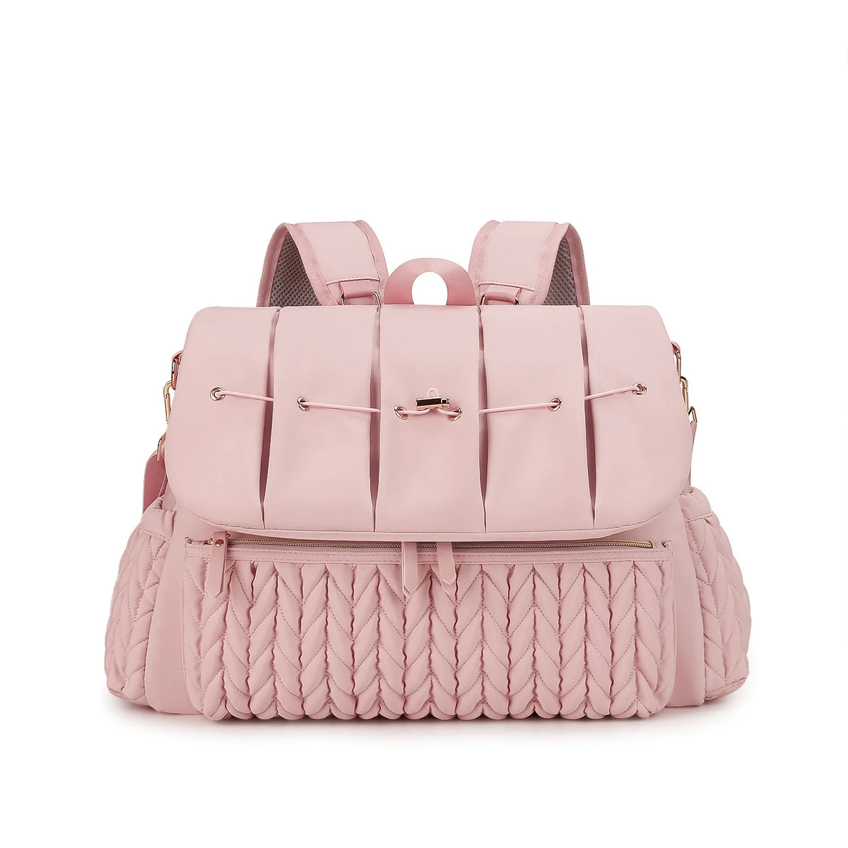 A pink large capacity waterproof diaper bag with stroller straps shown from the front.