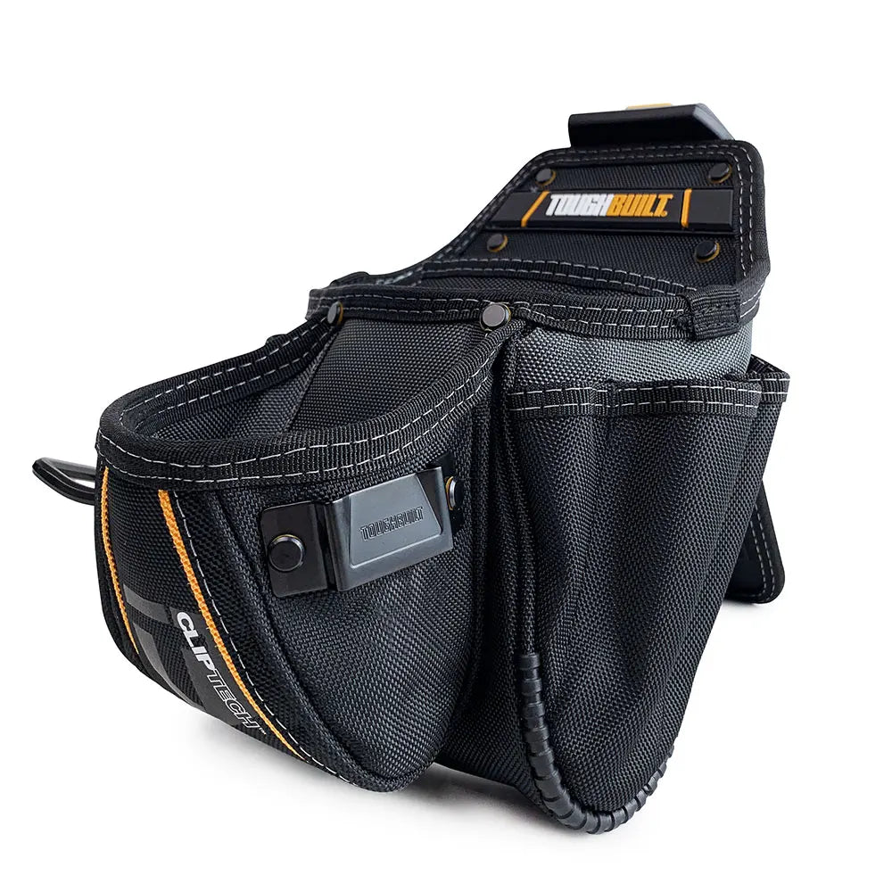 Black heavy-duty construction tool pouch featuring a ClipTech hub and hammer loop.