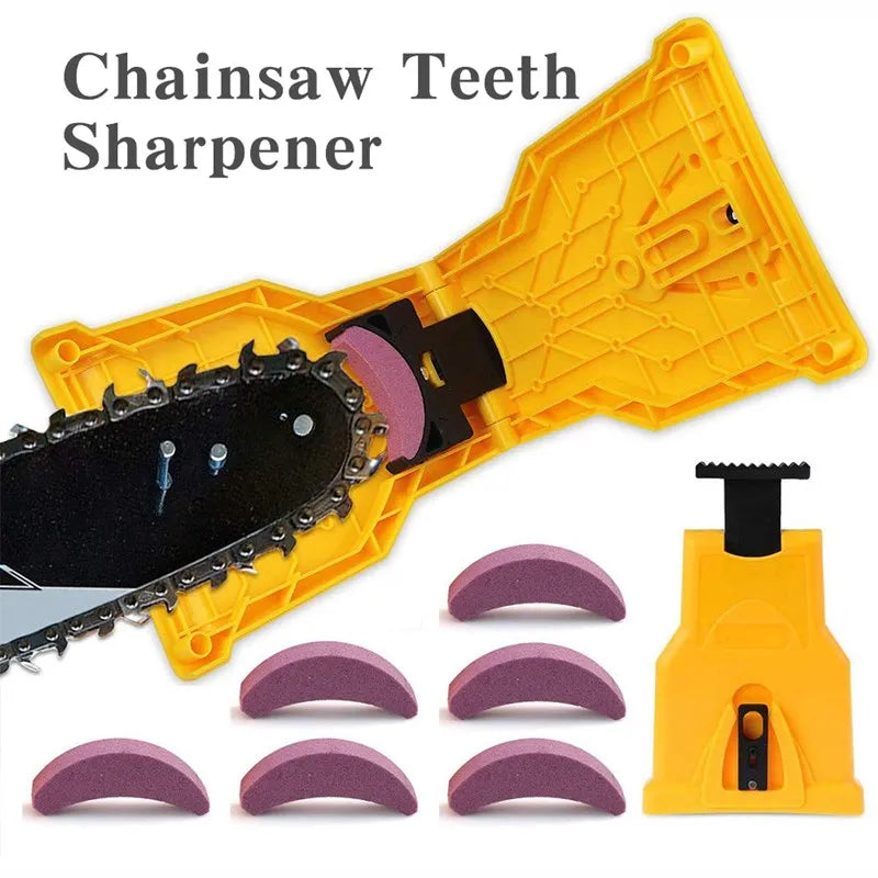 A yellow portable chainsaw teeth sharpener tool with multiple shaped sharpening stones.