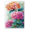 A close-up watercolor painting of pink and orange hydrangeas with green leaves.