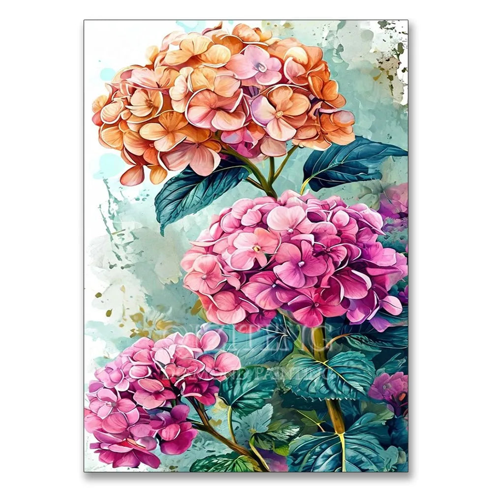 A close-up watercolor painting of pink and orange hydrangeas with green leaves.