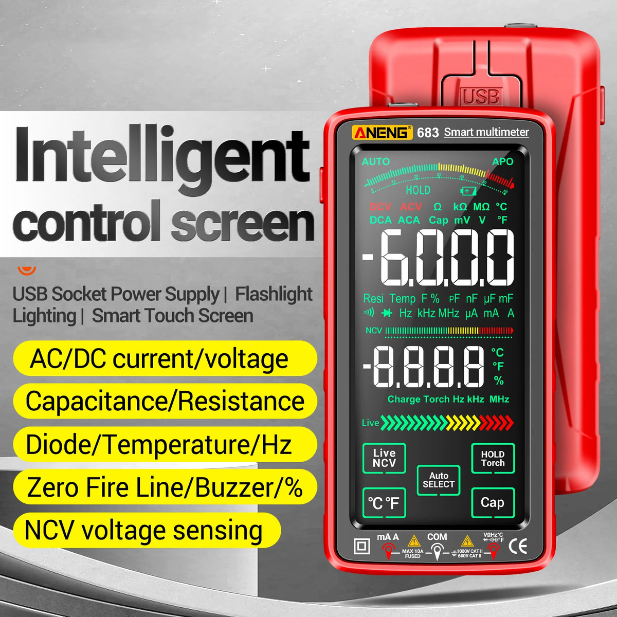 Professional 6000-Count Digital Multimeter with NCV Detection and Rechargeable Battery