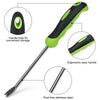 A stainless steel weeder tool with a soft-grip handle and a removable handle hole shown in detail.
