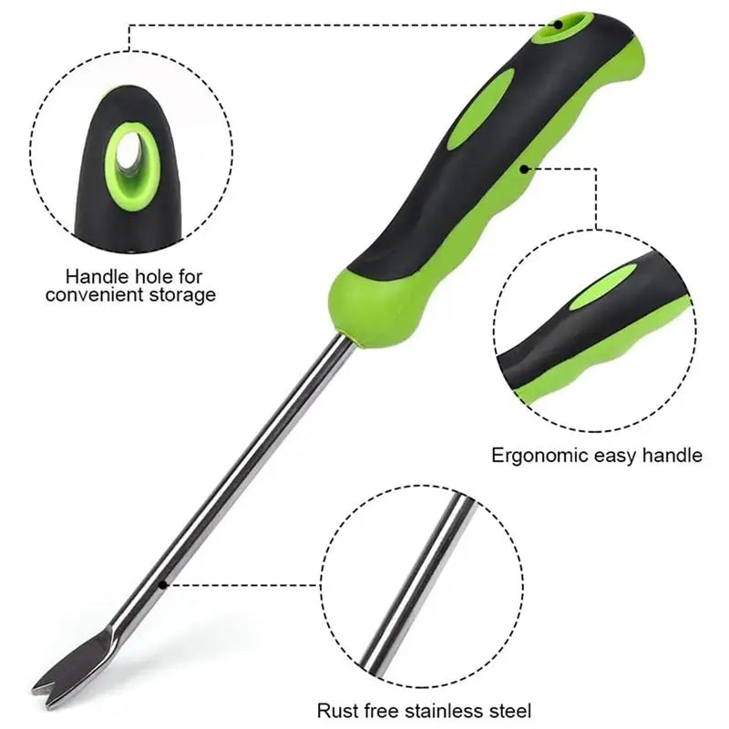 A stainless steel weeder tool with a soft-grip handle and a removable handle hole shown in detail.