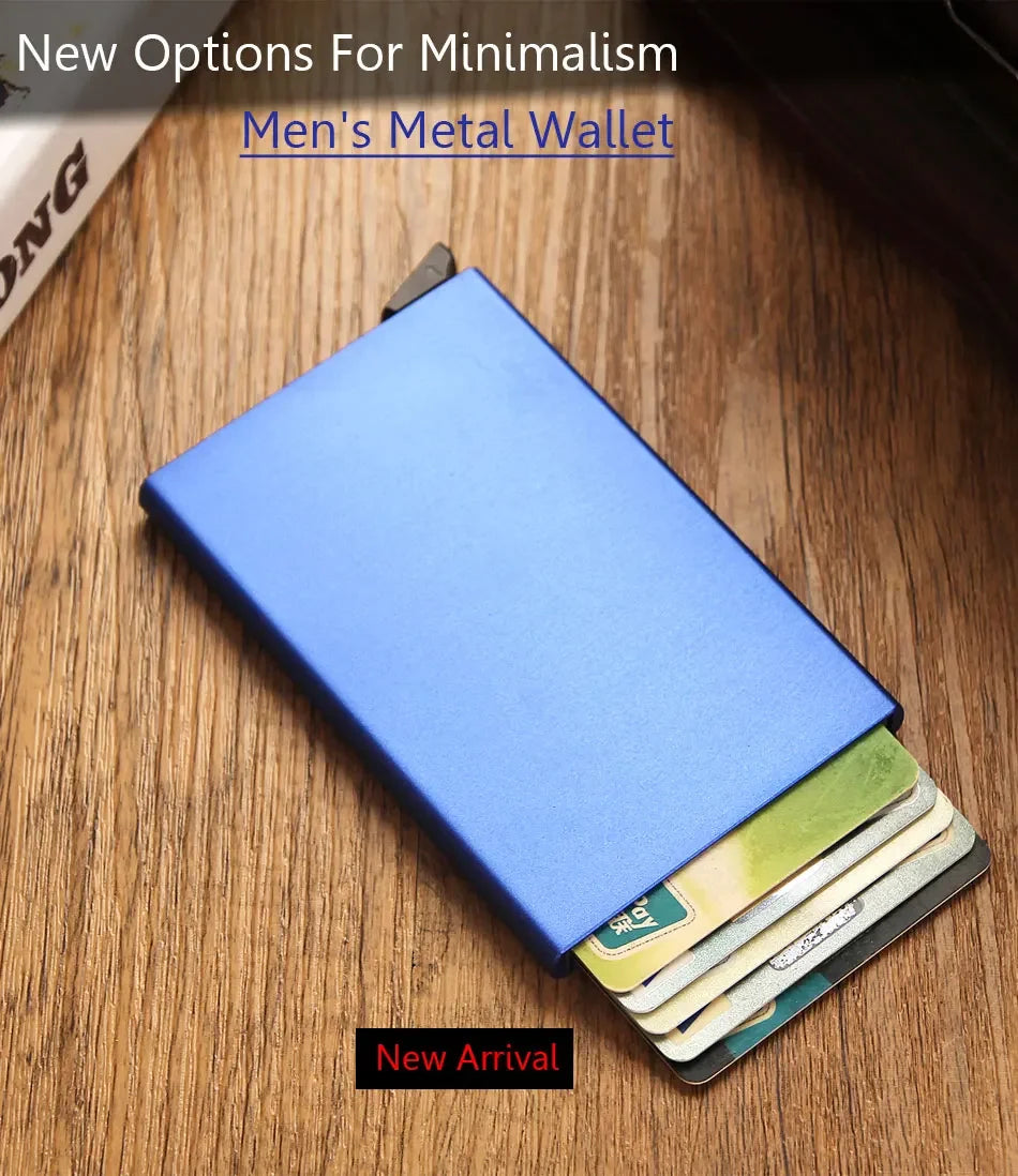 A blue men's metal wallet with a pop-up design showing several credit cards.