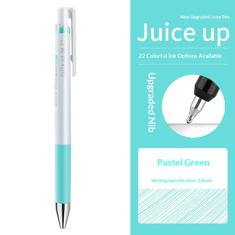 Ein weißer und türkisblauer Pilot Juice Up Gelstift neben Optionen für bunte Tintenstifte.