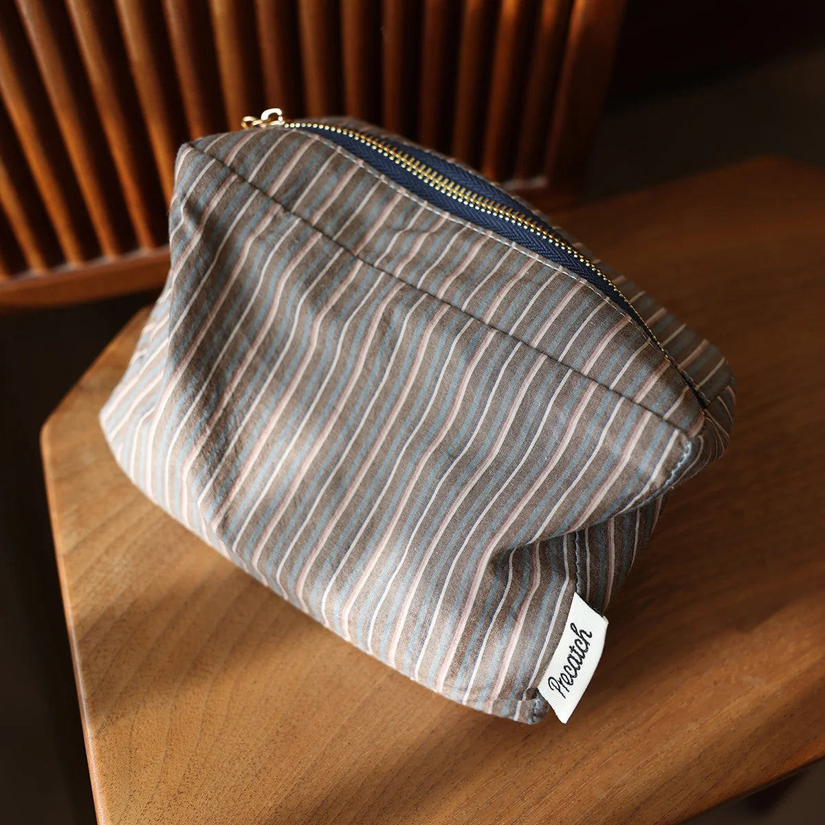 Checkered Striped Cosmetic Bag – Compact Travel Organizer