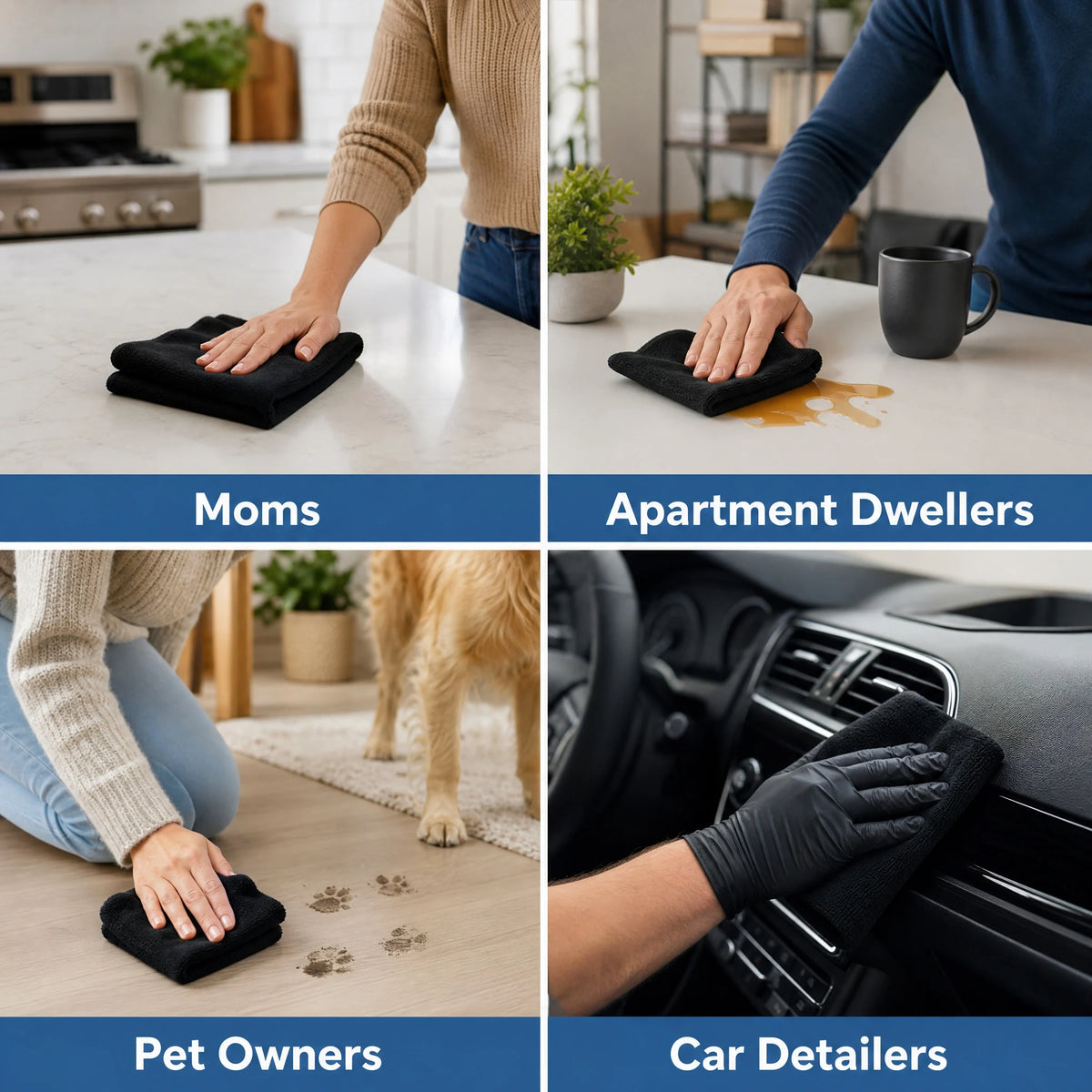 Four people demonstrate using black microfiber cleaning towels for various household and automotive cleaning tasks.