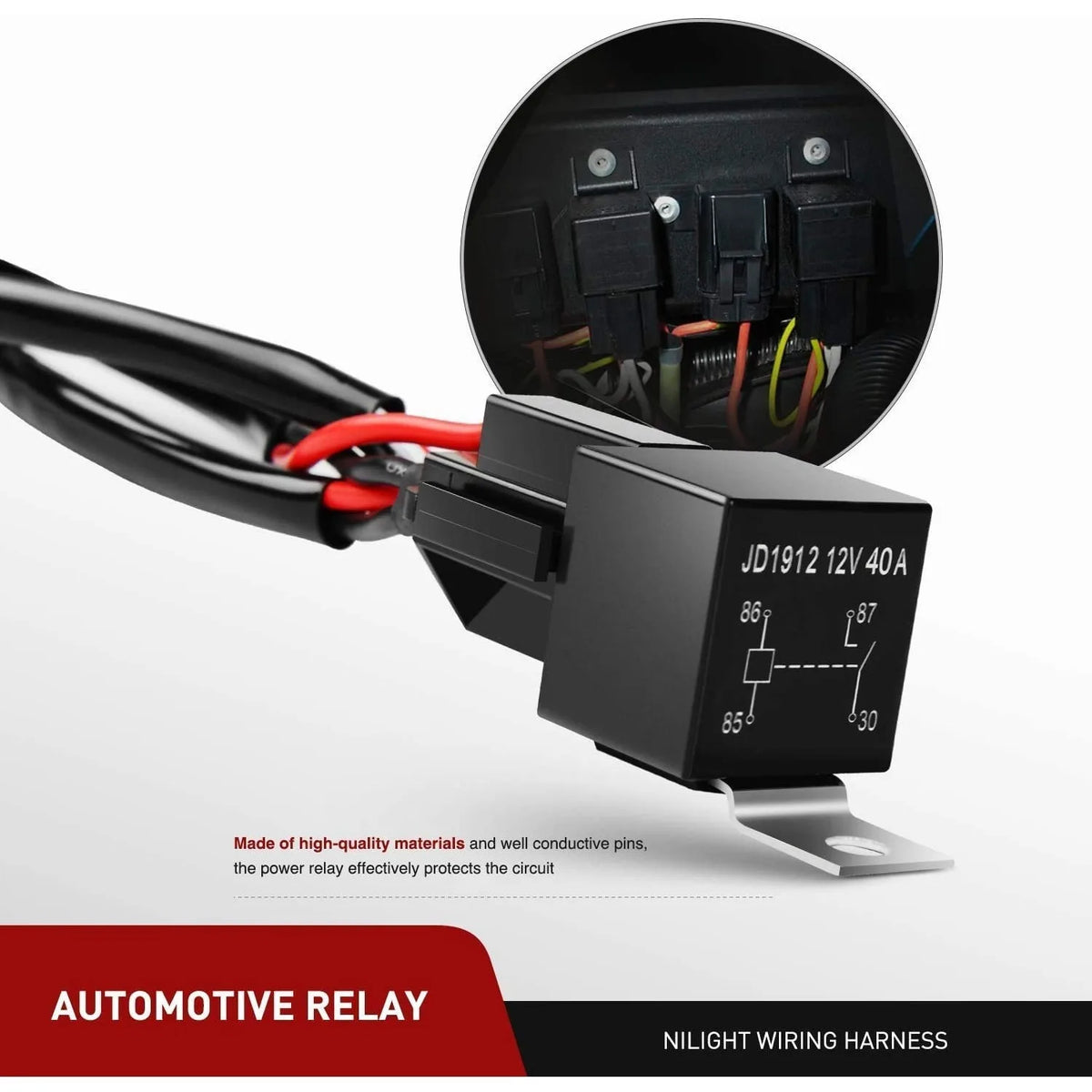 Black automotive relay module with wiring harness connector and switch component