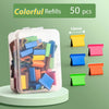 A clear plastic container filled with colorful refills for a reusable push clamp stapler, showing various colored paper clips