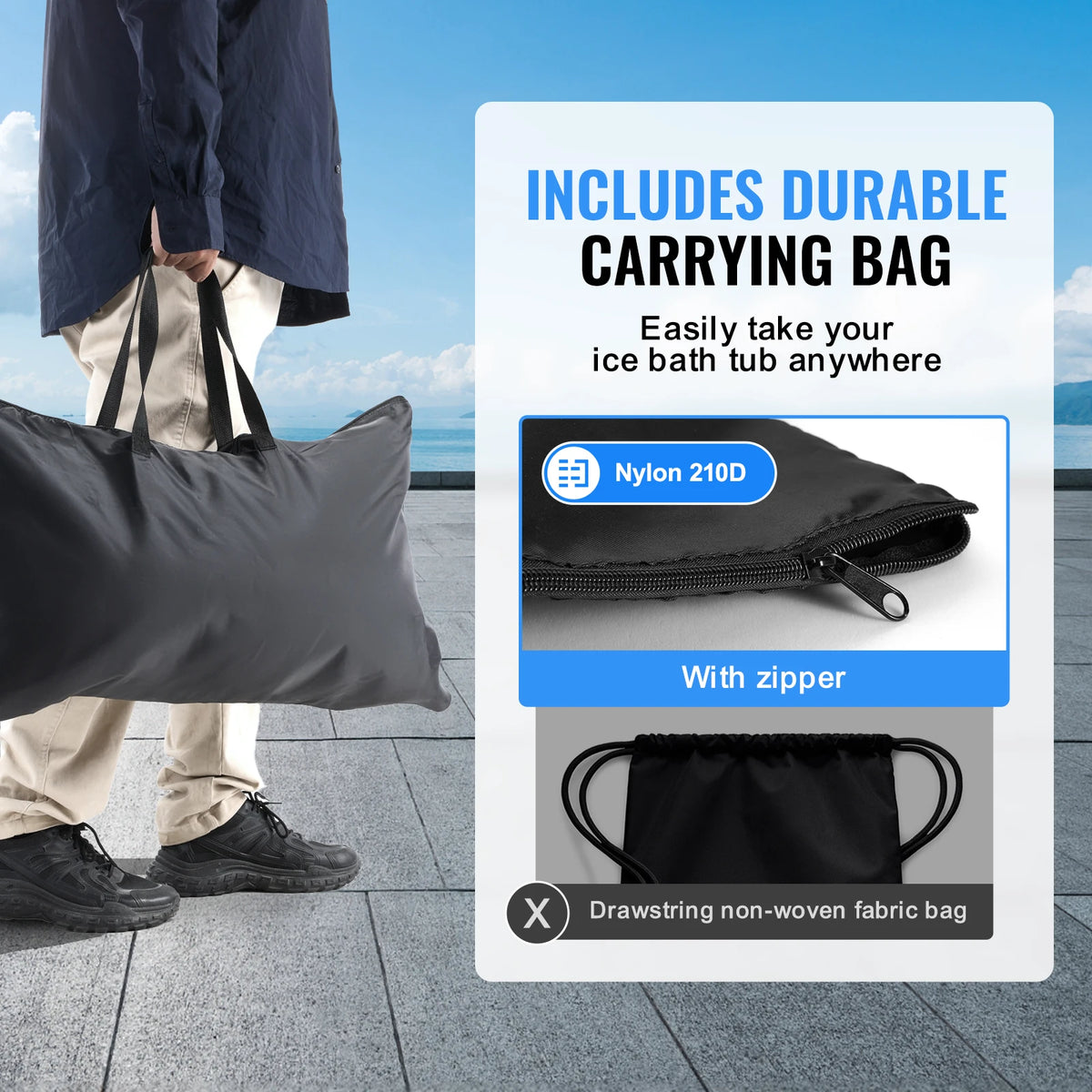 A portable ice bath tub with a durable nylon carrying bag and a drawstring non-woven fabric bag.