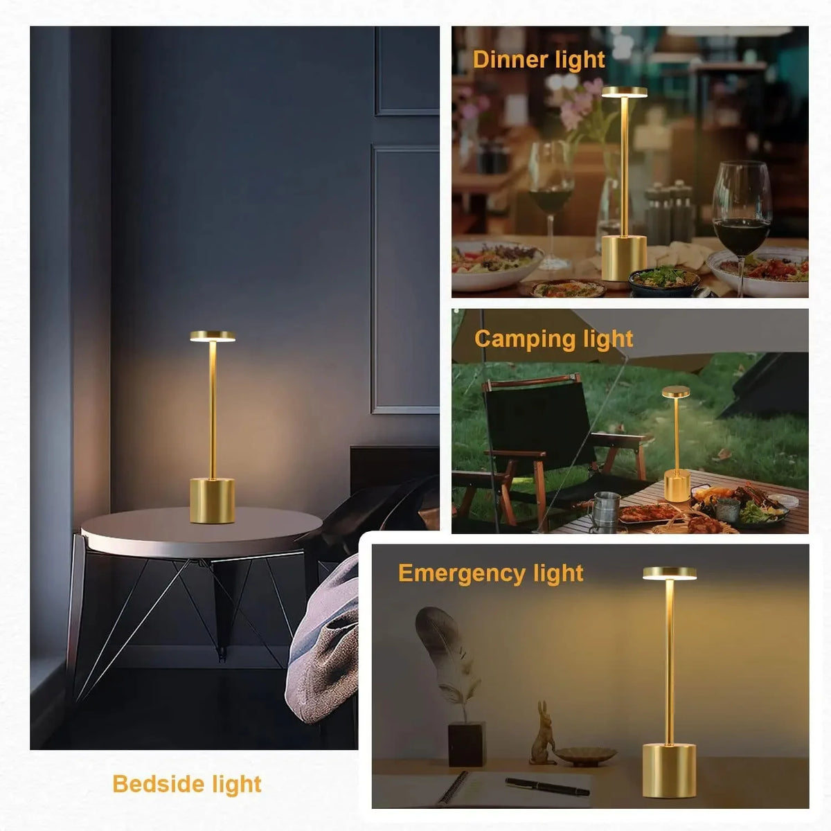 A collection of three table lamps showing Dinner light, Camping light, and Emergency light in various indoor and outdoor sett