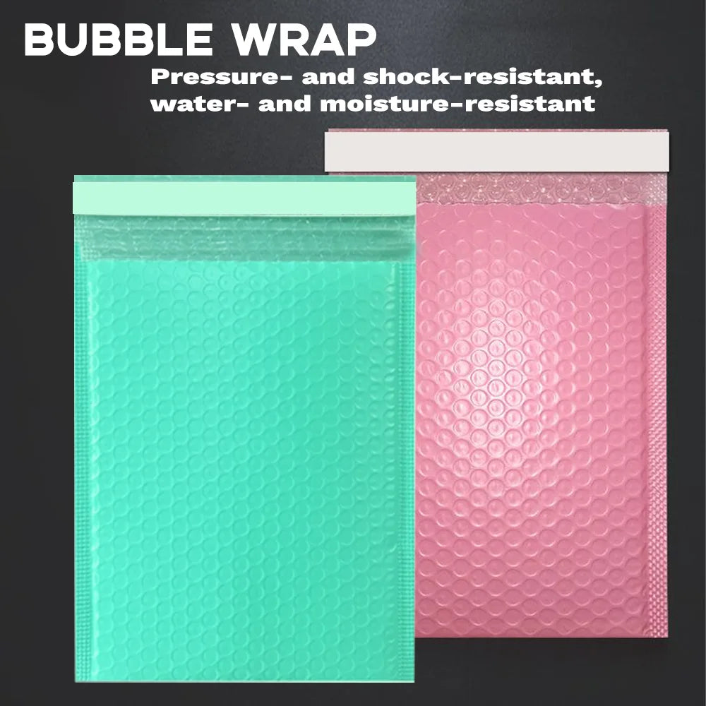 A pair of colorful self-seal padded bubble mailers, one teal and one pink, are shown side by side.