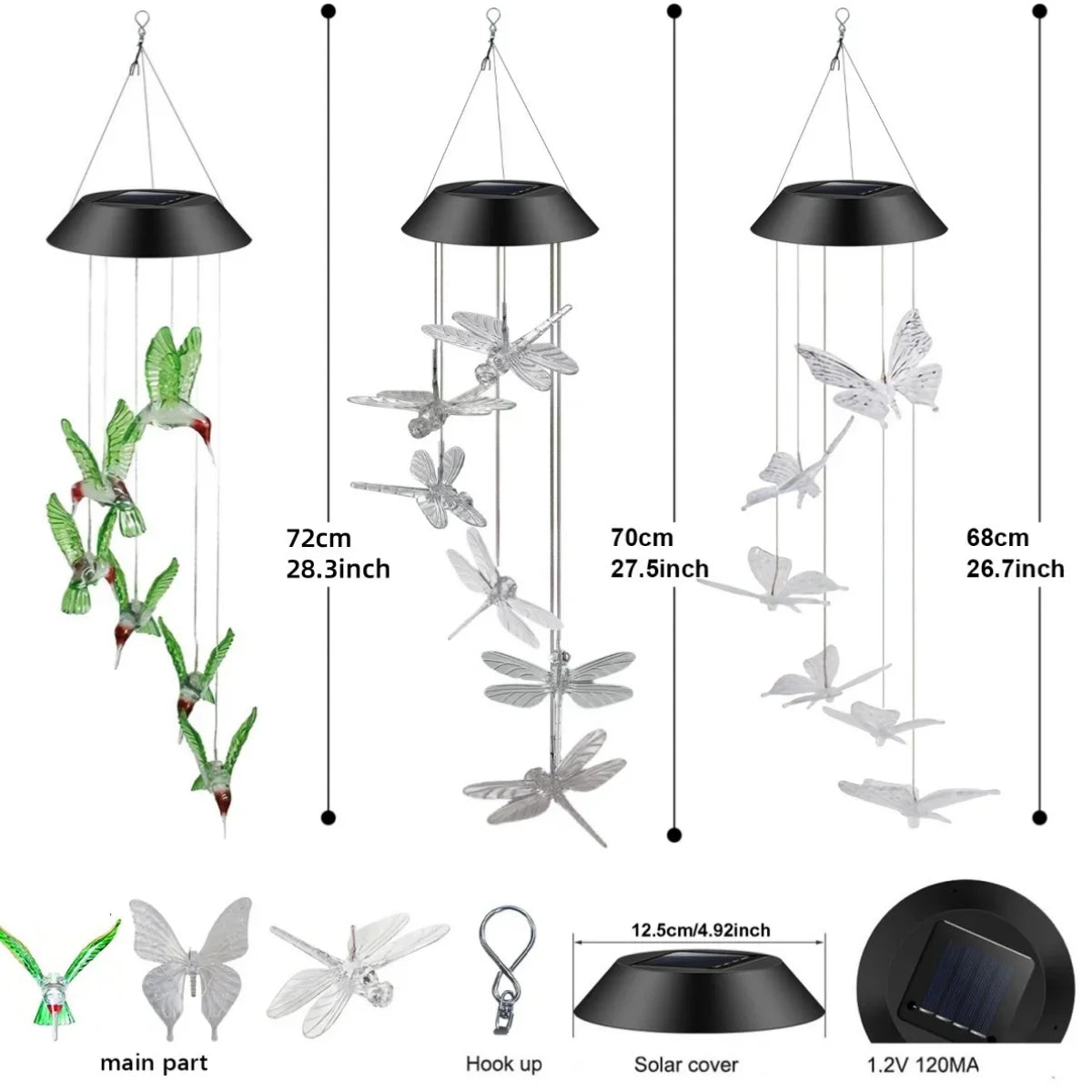 Un ensemble de carillons éoliens solaires avec des ailes en métal et une couverture solaire noire.
