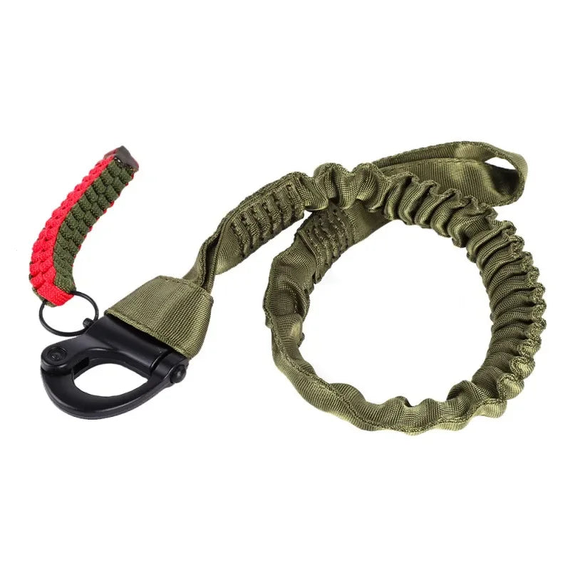 Olive green tactical rifle sling with red accents and a black quick-release buckle.