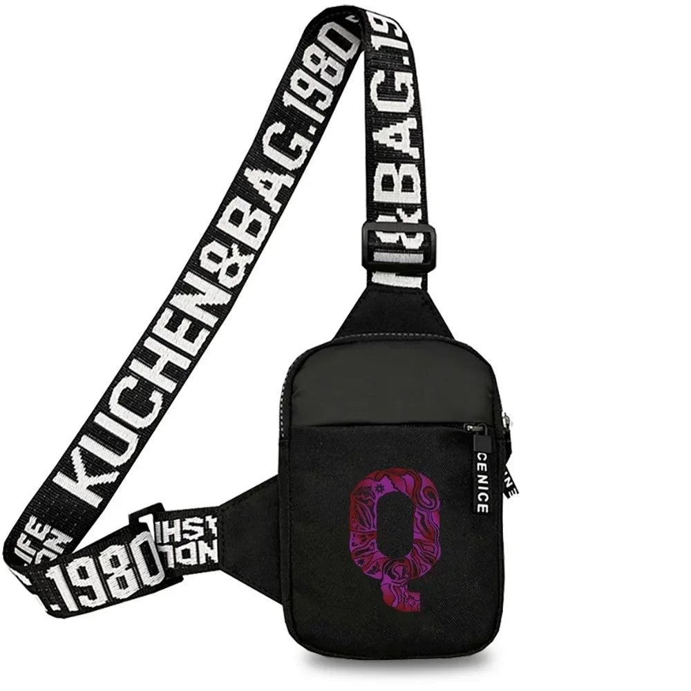 Black canvas chest bag with a wide strap featuring the text KUCHEN&BAG.1980