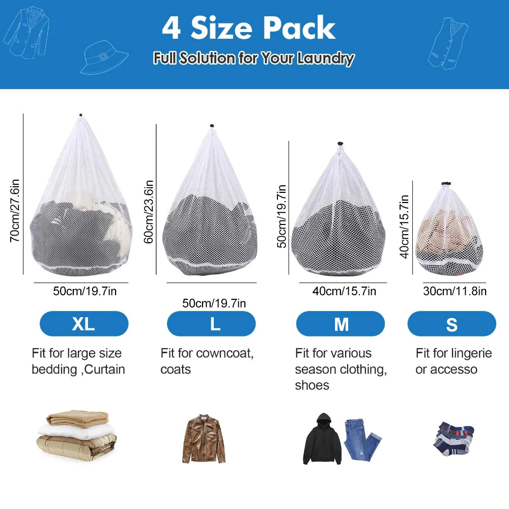 Mesh Laundry Bags with Drawstring – Set of 4 Sizes for Delicates, Jeans & Blankets