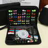 A black portable multi-function sewing kit is shown open, displaying various threads, needles, and tools.