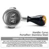 A stainless steel bottomless espresso portafilter with a black handle for E61 machines