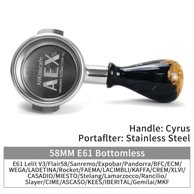 A stainless steel bottomless espresso portafilter with a black handle for E61 machines