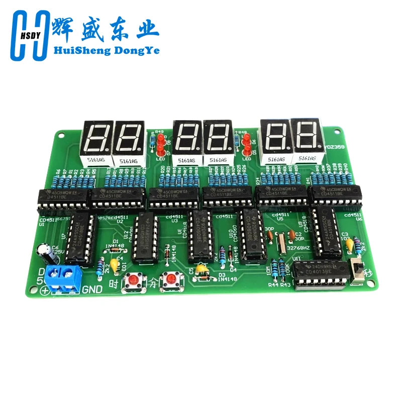 A green PCB board with eight 8-digit LED displays and various electronic components for a digital clock DIY kit.