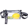 Clear crossbody bag with a yellow lemon inside and black adjustable strap