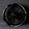 Black motorcycle wheel rim with white sport stripes and hub decoration