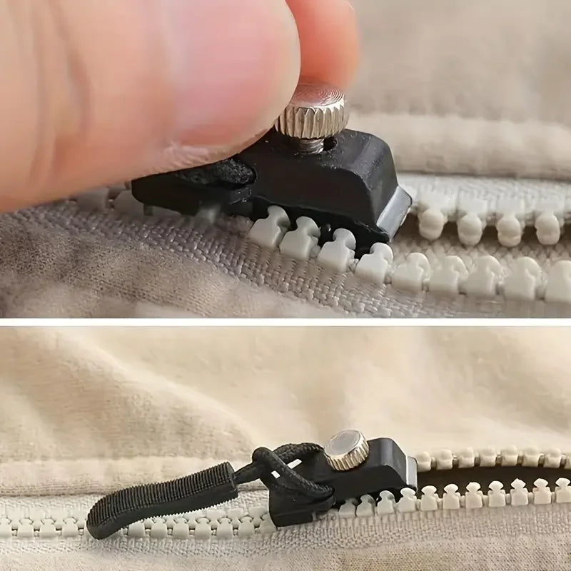 Une main attache un tire-zip noir détachable sur une fermeture éclair blanche en tissu.