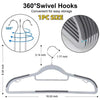 A set of 360 degree swivel hooks and a plastic hanger for easy storage.