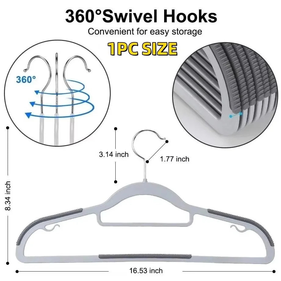 A set of 360 degree swivel hooks and a plastic hanger for easy storage.