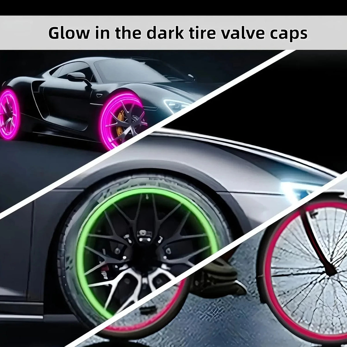 Close-up of a car wheel with glow-in-the-dark valve caps visible on the tire and rim.