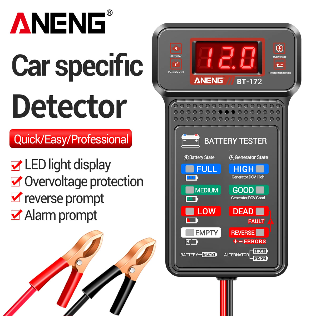 AnENG BT-172 car specific battery tester with an LED display and reverse connection features