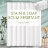 White stain and soap scum resistant premium PEVA shower curtain liner hanging on a rod